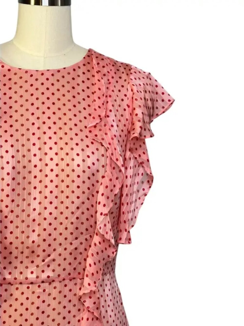 Monique Lhullier Chiffon Mini Dress Pink w/ Red Polka Dots Retro Dainty Ruffles - Picture 9 of 11